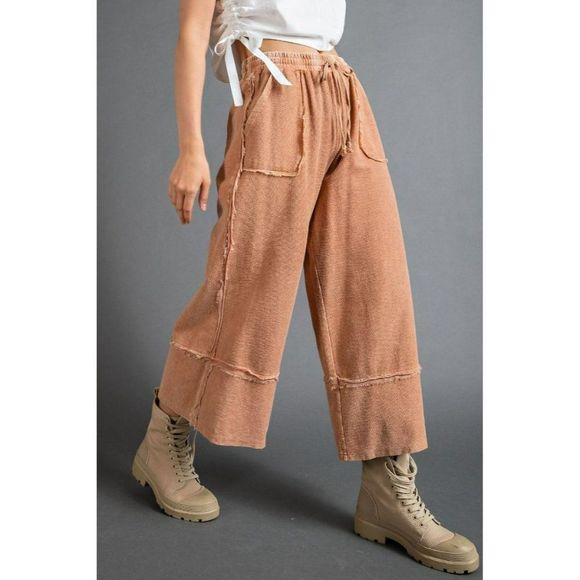 Easel Washed Terry Knit Palazzo Wide Leg Boho Bohemian Pants in Cinnamon EB40797 - Picture 3 of 5